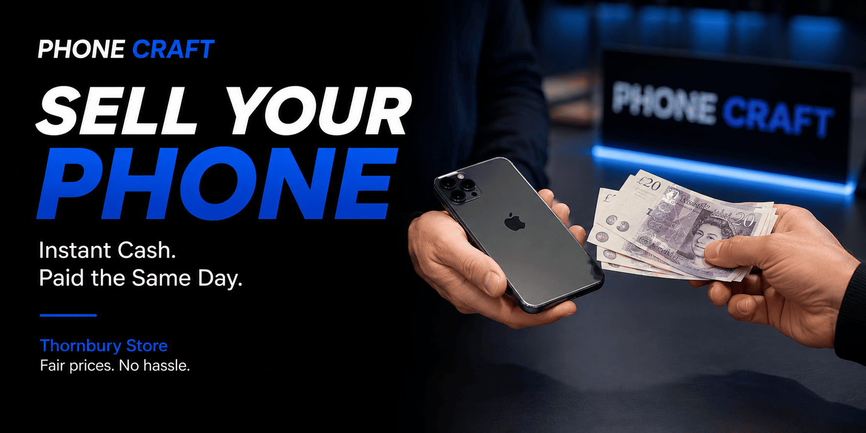 Phone Craft banner promoting phone selling in Thornbury with instant cash and same-day payment.