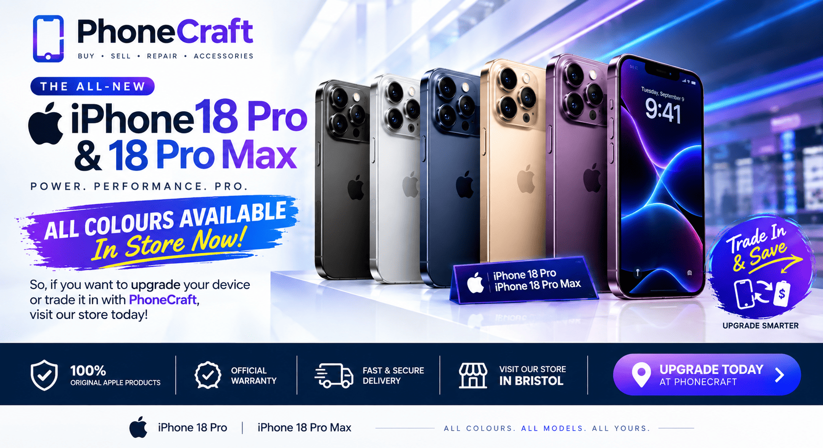 iPhone 18 Pro and 18 Pro Max in multiple colours at PhoneCraft Bristol.